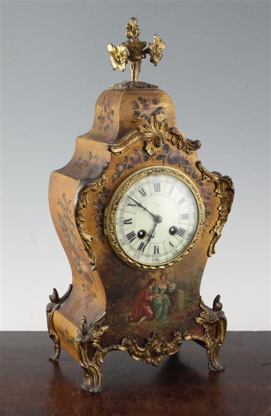 An early 20th century Vernis Martin style mantel clock, 16in.